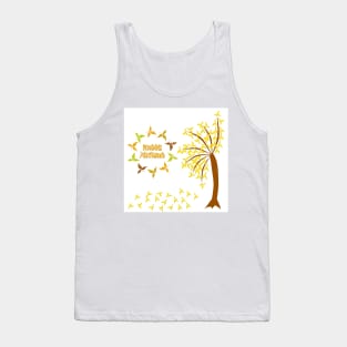 Happy Autumn in a circle of leaves with a tree of fall leaves. Tank Top